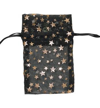 black with gold stars organza drawstring bag 27261-bx